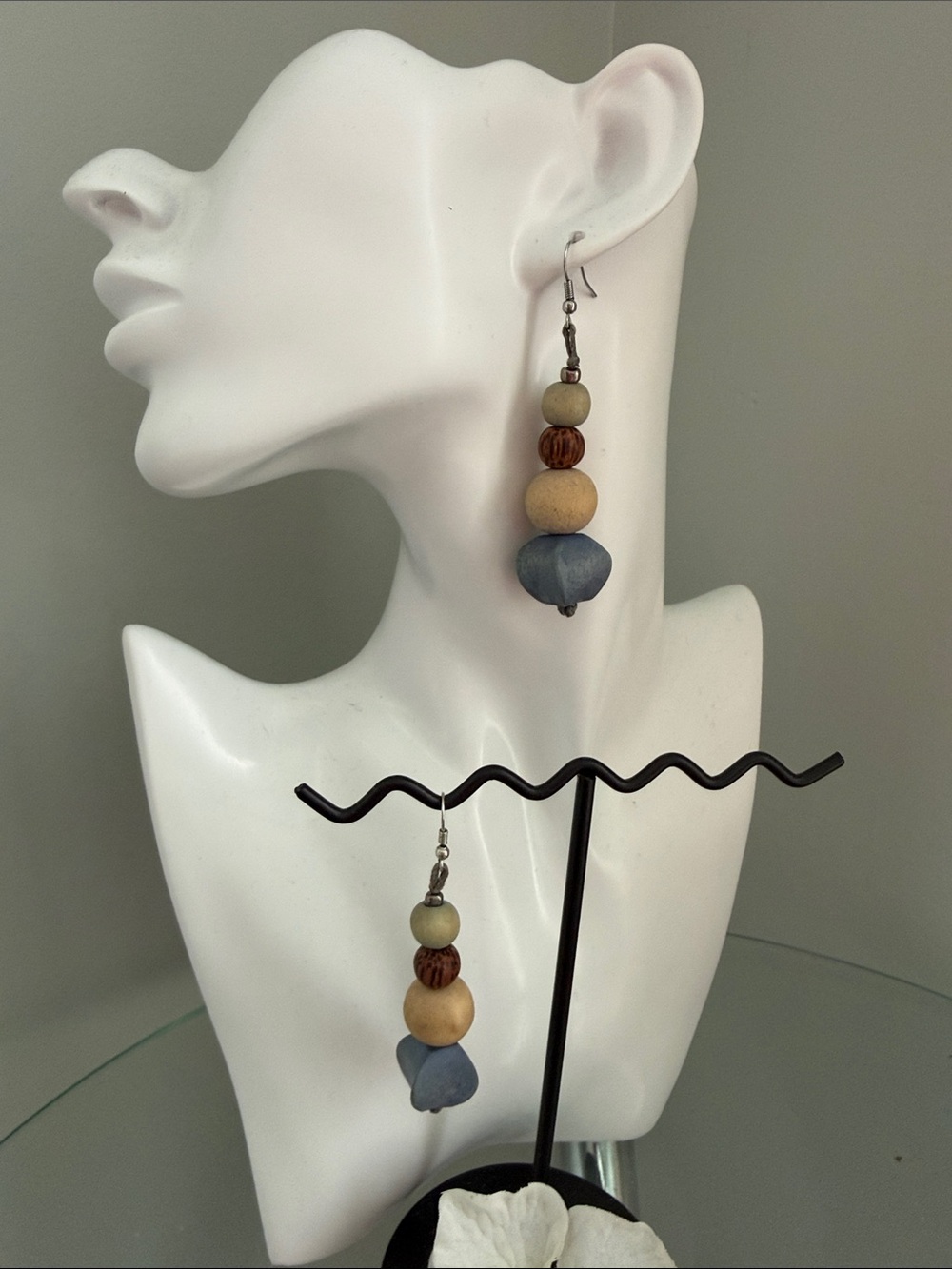 Stacked Blue and Natural Wood Bead Drop Earrings